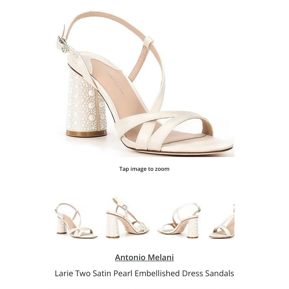 ANTONIO MELANI Cream Satin Pearl-Embellished Block Heel Sandals